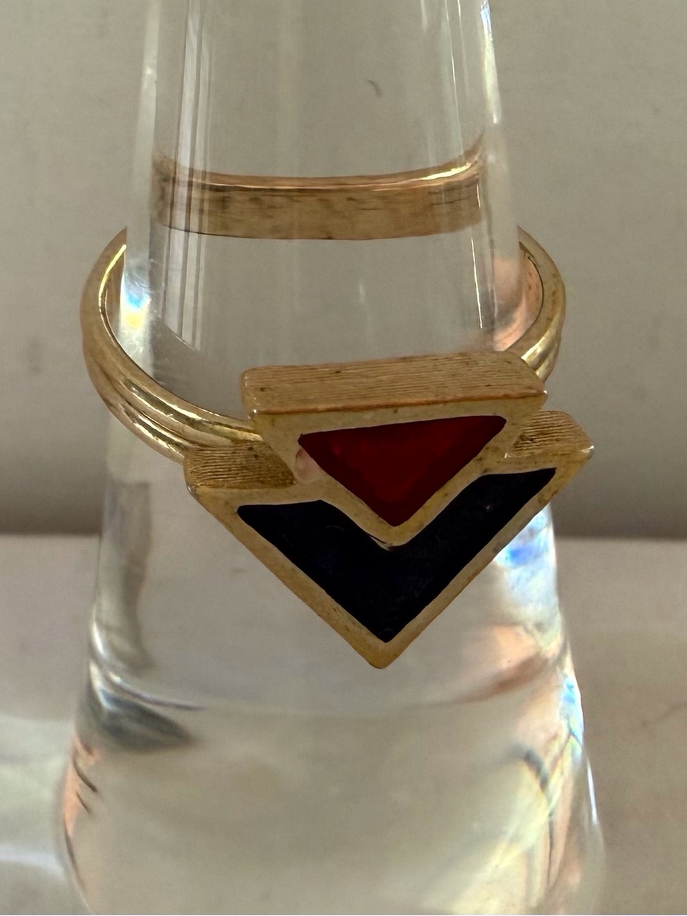 Gold Tone Geometric Ring with Red and Black Enamel